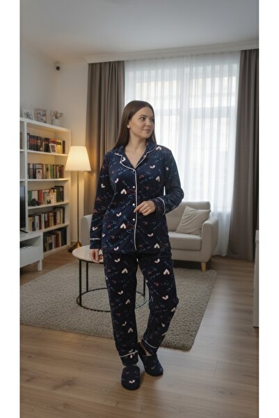 gigigiyim Heart Patterned Front Buttoned Women's Fleece Pajama Set Navy Blue