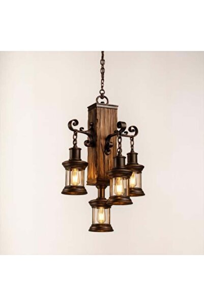 genernic Rustic Wooden Pendant with 4 Lanterns – E27 Base