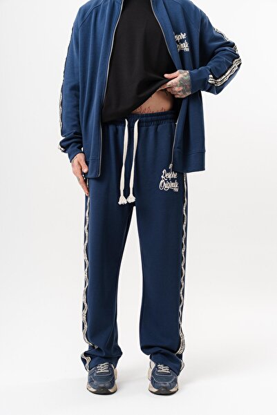 Respire Men's Splash Striped Detail Winter Doubleface Baggy Sweatpants Navy Blue