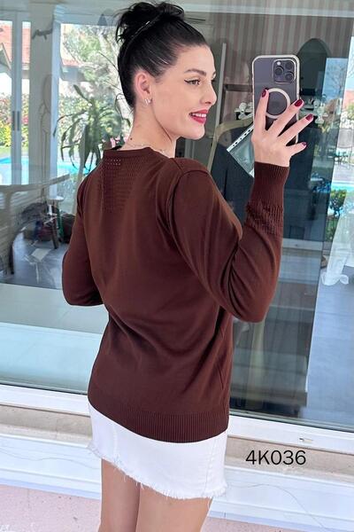 İnce Topuk V-Neck Openwork Knitwear Blouse 4K036