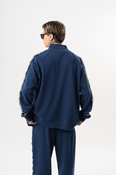 Respire Men's Splash Striped Detail Mock Neck Doubleface Zip Oversized Sweatshirt Navy Blue