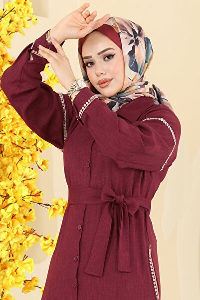 ModaMerve Dantel Detaylı Kemerli Elbise 4130PM271-MS Bordo