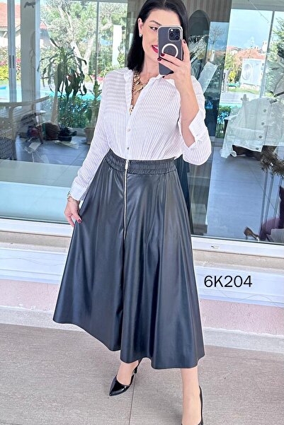 İnce Topuk Zippered Leather Skirt 6K204