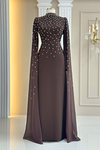 Amine Hüma Afra Abiye Elbise Kahverengi