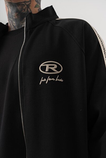 Respire Men's Ffb Striped Detail Mock Neck Doubleface Zip Oversized Sweatshirt Black