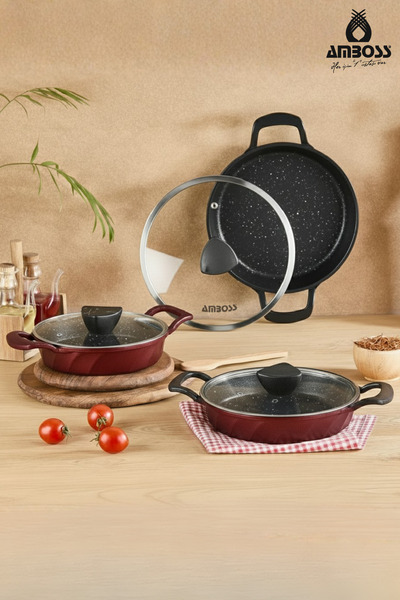 Amboss Vento 6 Piece Cast Iron Skillet Omelette Set with Glass Lid (Red)