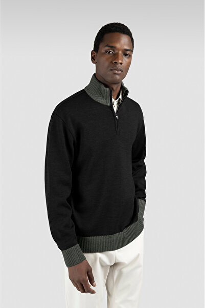 PAUL&SHARK Men's Regular Fit Half Zipper Mock Neck 100% Wool Long Sleeve Knitwear Black Knitwear 15311108-011