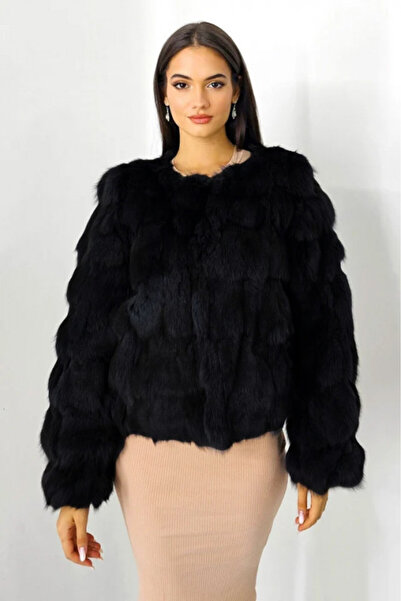 FashionForYou fox fur coat Sidonia with interior fastening, Black, Size S/M/L