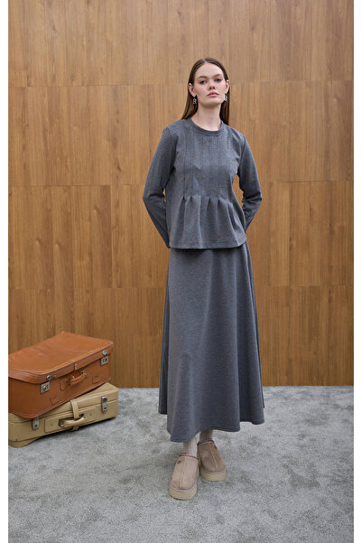 Birgül Bektaş Gray Pleated Detailed Skirt Set