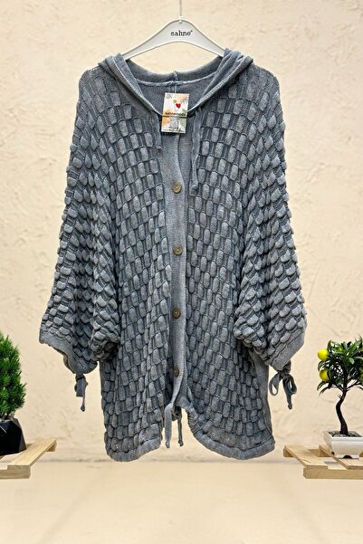 sahnemoda Hooded Leaf Washed Buttoned Cotton Cardigan