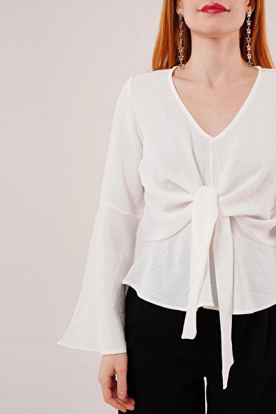 GENCULUS Front Tie Flywheel Sleeve White Blouse