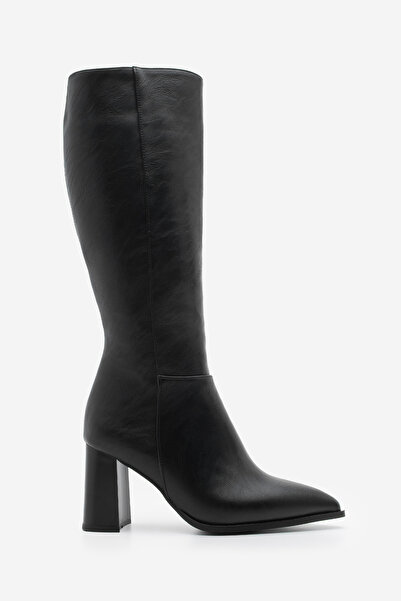 Marjin Women's Pointed Toe Half Zipper Thick Heeled Boots Mortez Black