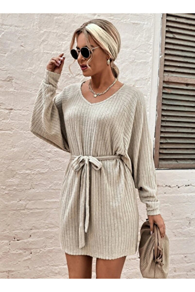 GENCULUS Women's Long Sleeve Ribbed Charm Detail Boucle Belted Soft Dress