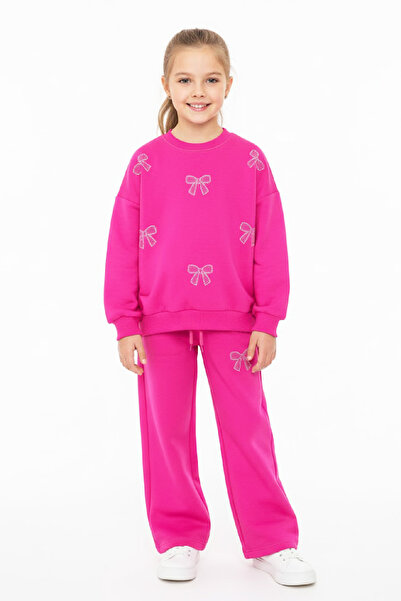 MODANINO Girl's Stone Embroidered Bow B Printed 2 Thread-Top and Bottom Set-5-12 Years Old 12438