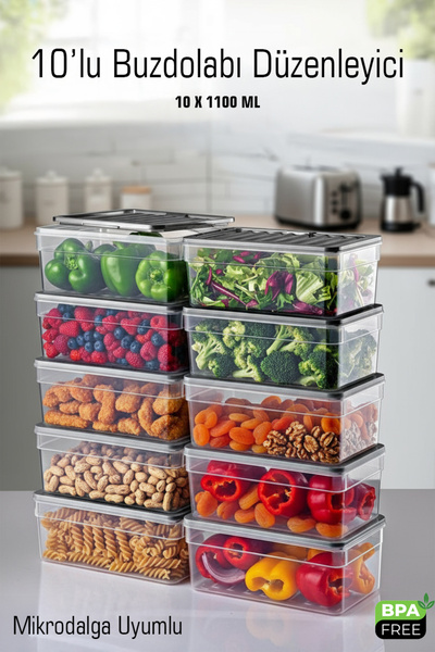 FİTHOME 10-Piece Refrigerator Organizer Storage Container Set 1100 ml Microwave Compatible Bpa Free Organizer