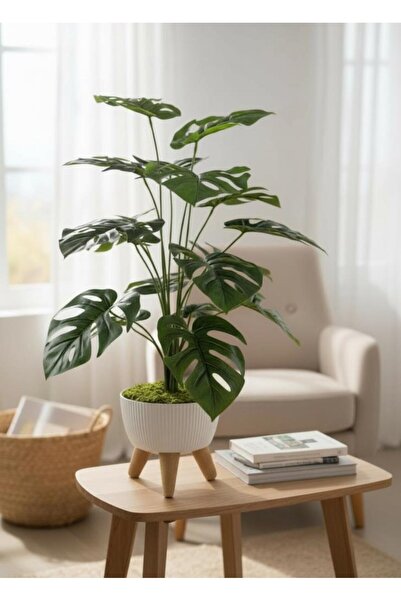 Nettenevime Yapay Çiçek Salon Bitkisi Monstera 70cm 18 Yaprak Beyaz Zigon Sak...