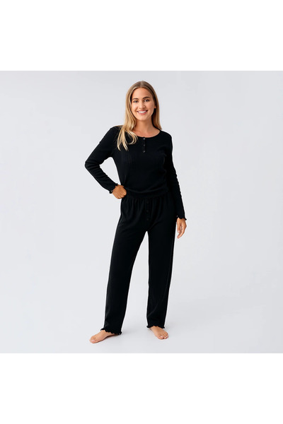 Penelope Perla 100% Cotton Lace-Like Knit Knitted Pajama Set - Black / S