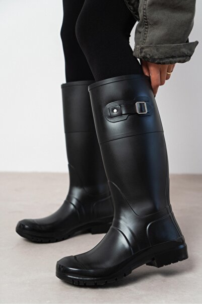 NİŞANTAŞI SHOES Rain Black Matte Flat Sole Below-Knee Women's Rain Boots
