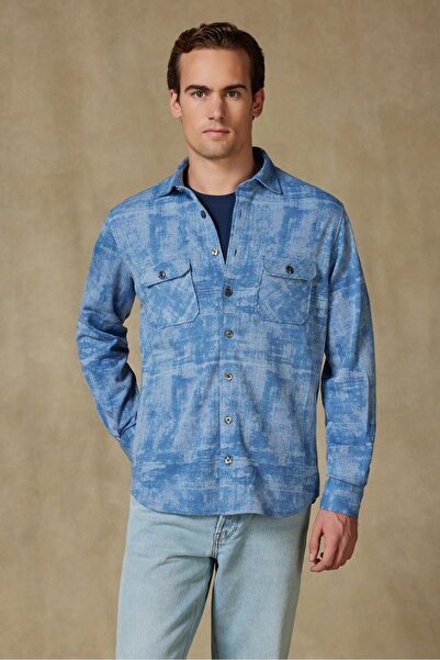 Abbate Marcel Ov Knitted Fabric Cotton Blend Overshirt Fit Light Blue Classic Collar Men's Patterned Overshirt