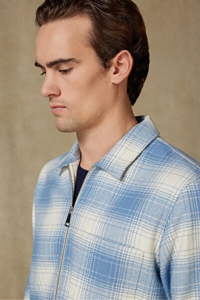 Abbate Prato Flanel Cotton Overshirt Fit Blue Classic Collar Men's Plaid Overshirt