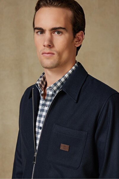 Abbate Monza Woven Wool Overshirt Fit Navy Blue Classic Collar Men's Plain Overshirt