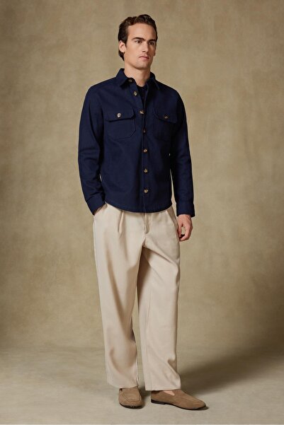 Abbate Fumo Flannel Cotton Overshirt Fit Navy Blue Classic Collar Men's Plain Overshirt