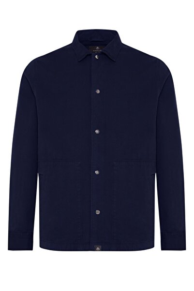 Abbate Renato Woven Polyamide Blend Overshirt Fit Navy Blue Classic Collar Men's Plain Overshirt