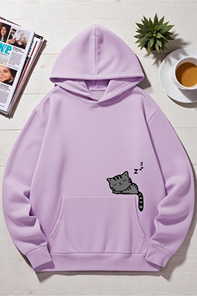 uyguntarz Unisex Sleeping Cat Printed Hooded Sweatshirt