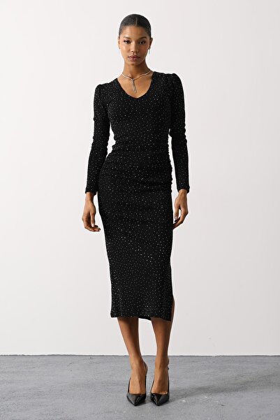 SHILSEE BEUTİQUE Women's Stone-Embellished Drawsting Long Dress with Slit Black