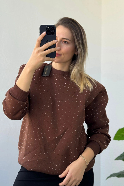 Kubos Moda Stone Embroidered Balloon Sleeve Crew Neck Brown Sweatshirt