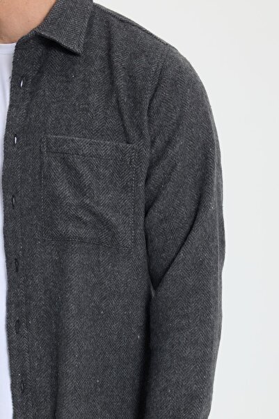 Tudors Men's Slim Fit Slim Fit Dobby Lumberjack Pocket Sport Collar Anthracite Shirt