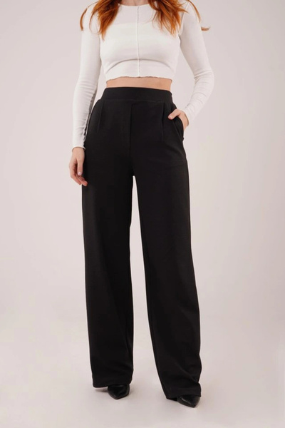 GENCULUS High Waist Wide Leg Crepe Black Trousers