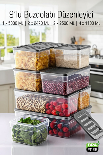 FİTHOME 9-Piece Deep Large Size Refrigerator and Freezer Storage Container In-Cabinet Organizer Microwave Suitable