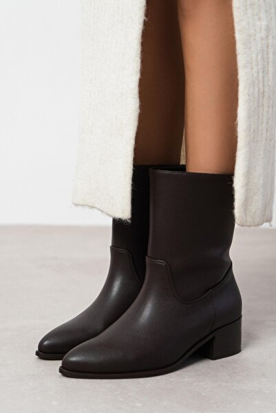 NİŞANTAŞI SHOES Hybrid Brown Matte Pointed Toe Women's Short Heeled Boots