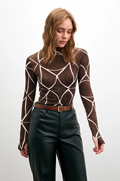 Yefrastore Women's Camel Black Piece Hypnosis Patterned Finger Detailed Body