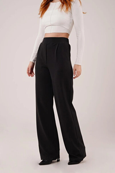 GENCULUS High Waist Wide Leg Crepe Black Trousers