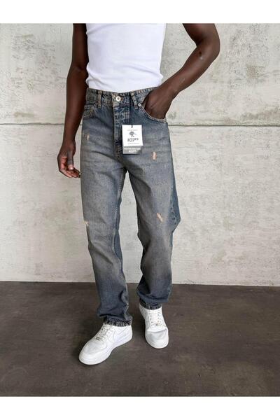 KağanKY Blugi largi cu detaliu laser spălat albastru închis