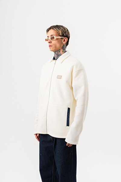 Respire Men's Zip Oversized Fleece Jacket Ecru