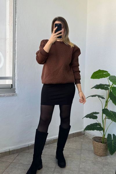 Kubos Moda Stone Embroidered Balloon Sleeve Crew Neck Brown Sweatshirt