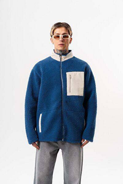 Respire Men's Zip Oversized Teddy Jacket Navy Blue