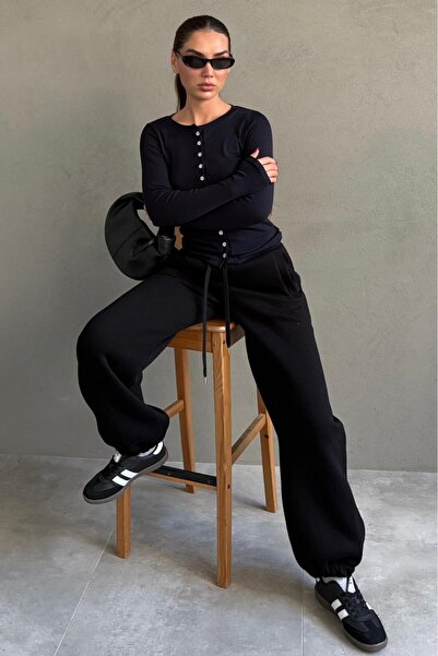 Madmext Black Wide Leg Comfortable Fit Elasticated Sweatpants Mg2581