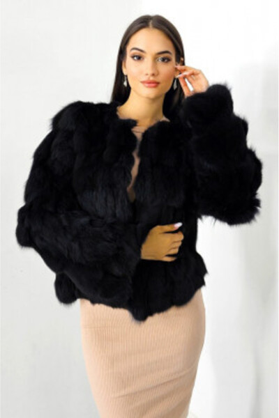 FashionForYou fox fur coat Sidonia with interior fastening, Black, Size S/M/L