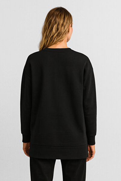 VENA Women's Crew Neck Side Slit Regular Fit 3 Thread Sweatshirt 100% Cotton - Black