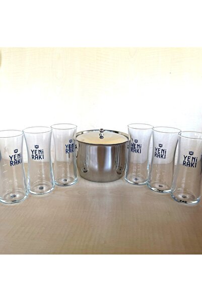 SANAT TACİRİ 6 ADET İNCE BELLİ 1937 RAKI BARDAĞI 1 ADET ÇELİK BUZ KOVASI ÇİF KATMANLI MAŞALI KAPAKLI KOVA