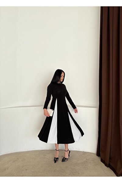 fayora فستان ميدي ساندي ألوان متباينة بأكمام طويلة