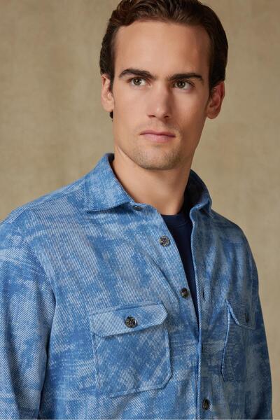 Abbate Marcel Ov Knitted Fabric Cotton Blend Overshirt Fit Light Blue Classic Collar Men's Patterned Overshirt