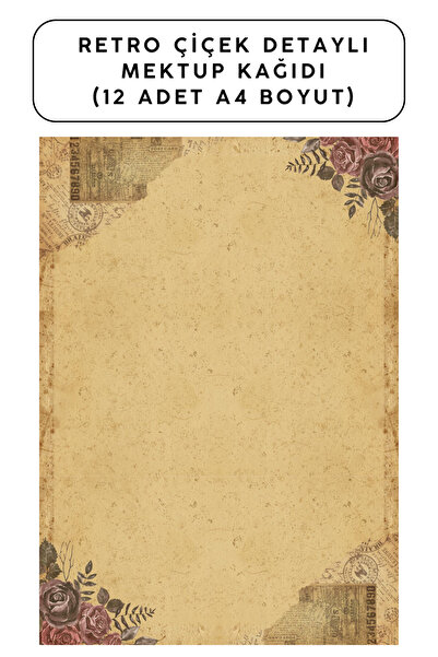 Organik Yolda Retro Çiçek Detaylı Mektup Kağıdı (12 Adet A4 Boyut)