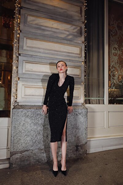 SHILSEE BEUTİQUE Women's Stone-Embellished Drawsting Long Dress with Slit Black