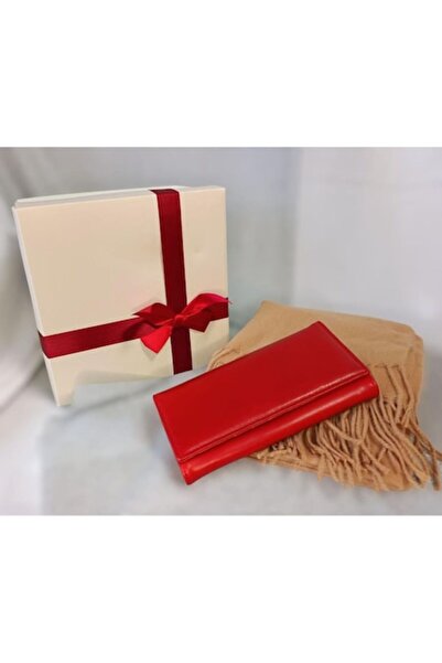 OEM Women's gift set: beige scarf and red leather wallet 19x9 cm