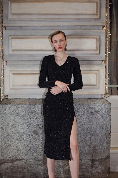 SHILSEE BEUTİQUE Women's Stone-Embellished Drawsting Long Dress with Slit Black